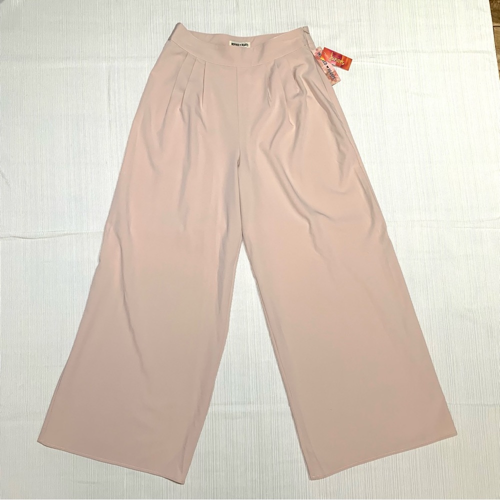 Blush Pink High Waist Wide Leg Palazzo Pants Junior M Pleated Side Zip Marlene - Picture 3 of 11